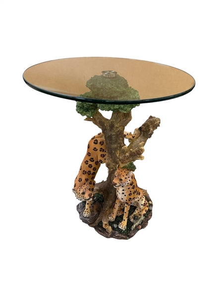 Heavy Resin Figural Side Table Leopards Glass Top