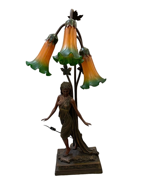 3 Lily Lamp With Metal Female Figure Art Nouveau Style