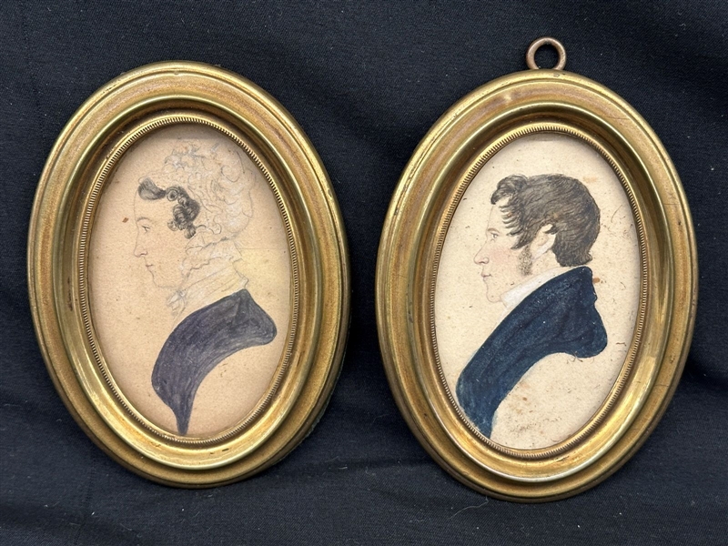 Pair Miniature 19th Century Pen and Ink Paintings Oval Frames