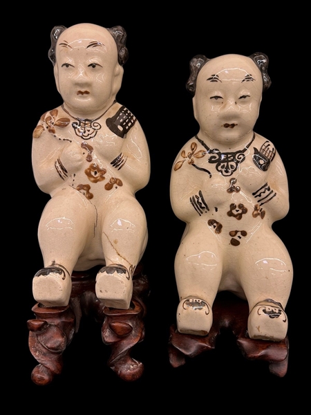 Pair Chinese Figures on Stands Qing Cizhou Boy Carrying Lotus With Stands