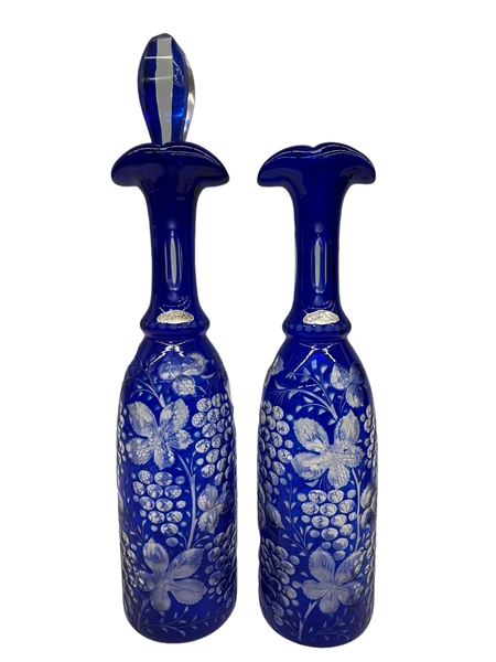 Pair of Cobalt Cut to Clear Bartlys Decanters