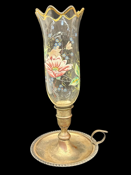 Hand Painted Hurricane With Silver Plate Candlestick