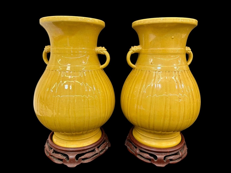 Pair Chinese Yellow Ware Vases With Frog/Dragon Handles on Teak Stands