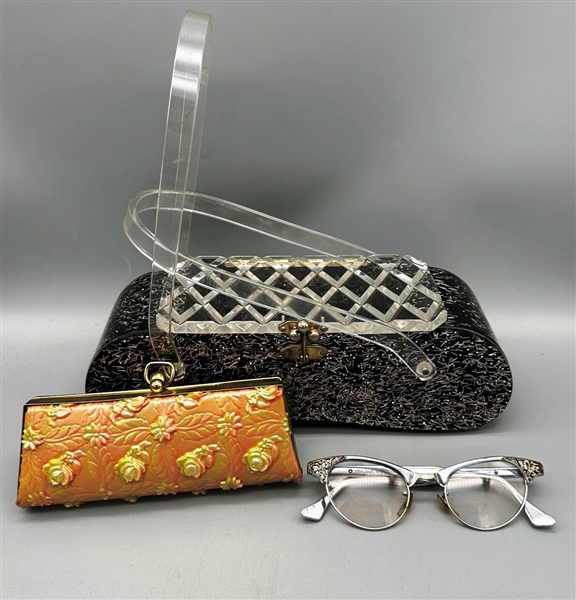 Mid Century Lucite Hand Bag & Cateye Glasses with Case