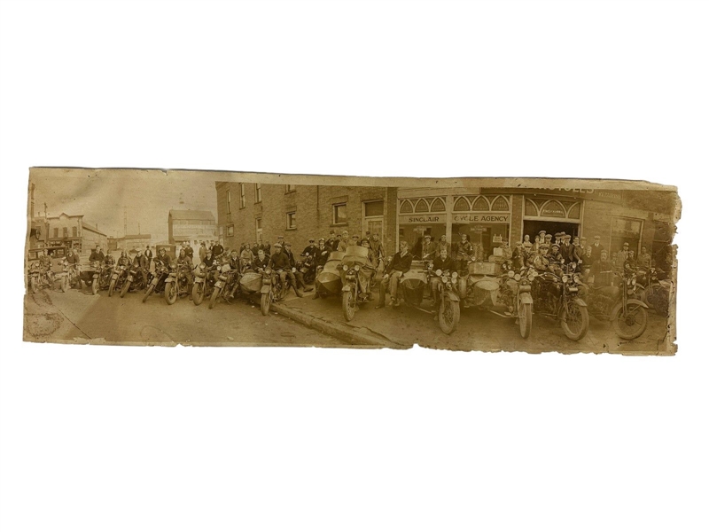 Early Black and White Panoramic Photograph Motorcycle Gang in Front of Harley Davidson Store