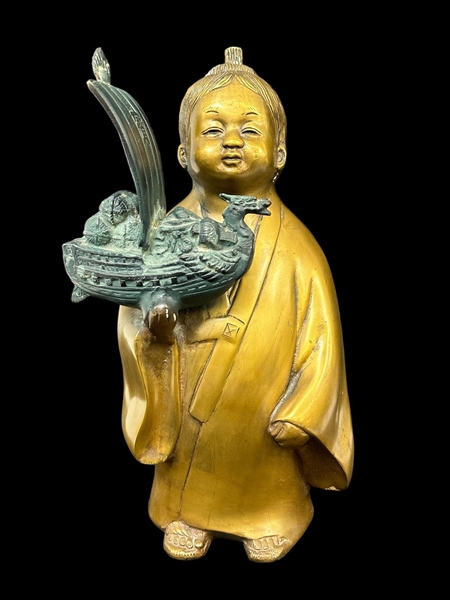 1980s Brass Chinese Child with Toy Ship 