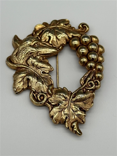 Heavy 10k Gold Plate Grapes and Fox Brooch