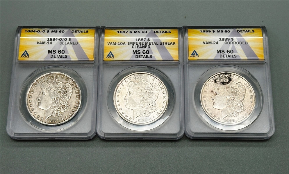 (3) Morgan Silver Dollars Anacs MS 60 Details