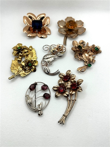 (7) Sterling Silver Large Floral Brooches