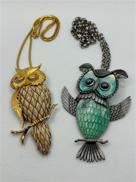 (2) Chunky Owl Pendant Reticulating Necklaces Razza