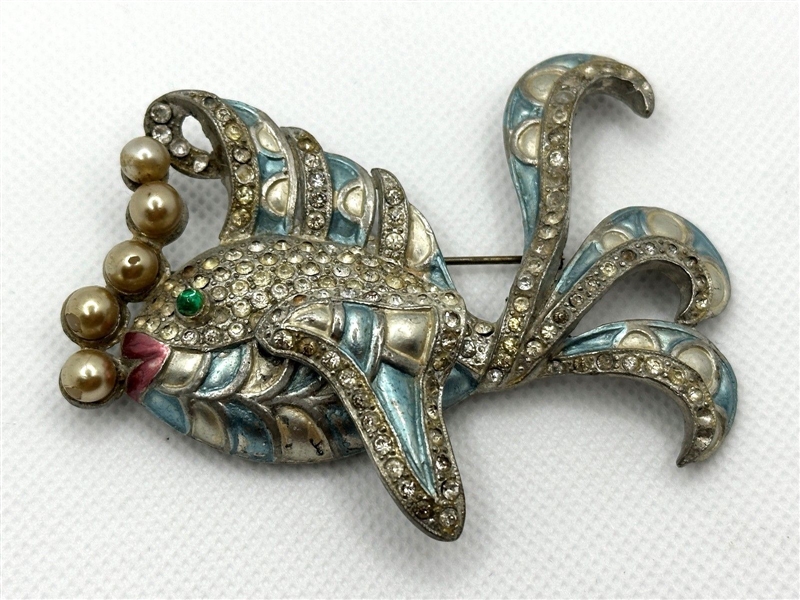 Vintage Fish Brooch Attributed to Boucher; Enamel, Paste Stones