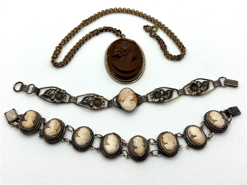 (2) Cameo Bracelets Sterling and Gold Filled, (1) Cameo Necklace