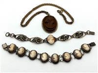 (2) Cameo Bracelets Sterling and Gold Filled, (1) Cameo Necklace