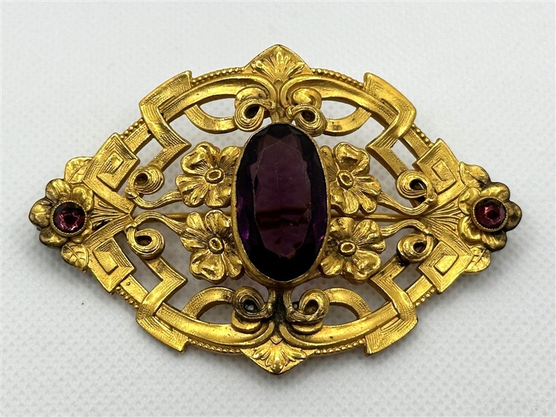 Brass Victorian Sash Brooch With Amethyst Color Stones