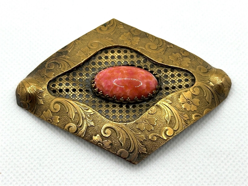 Victorian Brass Sash Brooch With Pink Cabochon Center Stone