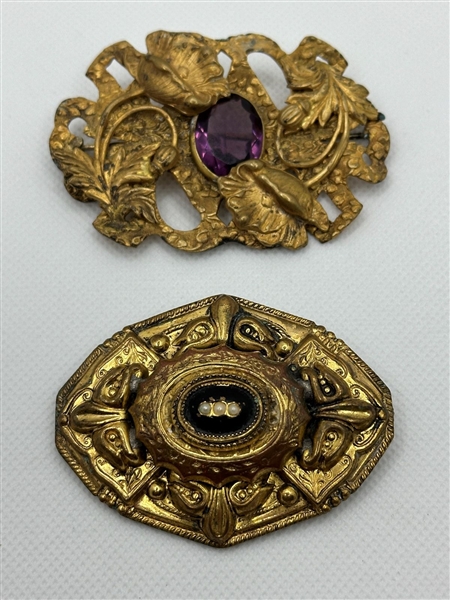 (2) Victorian Brass Gold Filled Sash Brooches