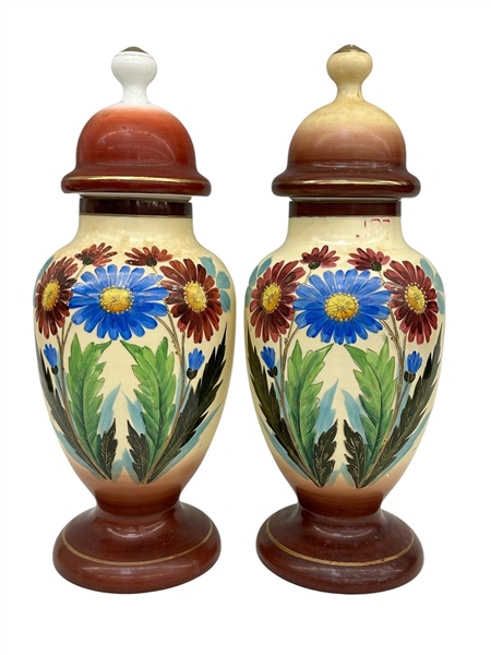 Pair Bristol Lidded Vases Hand Painted Floral Design