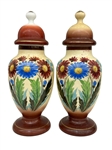 Pair Bristol Lidded Vases Hand Painted Floral Design