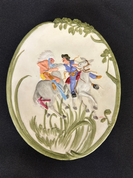 Gebruder Heubach Germany Cowboy and Indian Bisque Plaque 