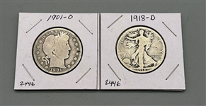 1901-O 50C Barber Half Dollar & 1918-D 50C Walking Liberty Half Dollar