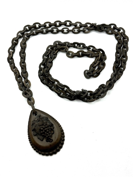 Victorian Vulcanite Grape Tear Drop Pendant Necklace 1860s