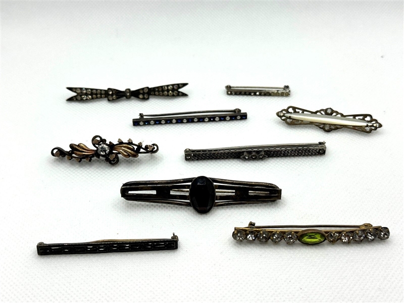 (9) Gold Filled and Sterling Metal Bar Brooches