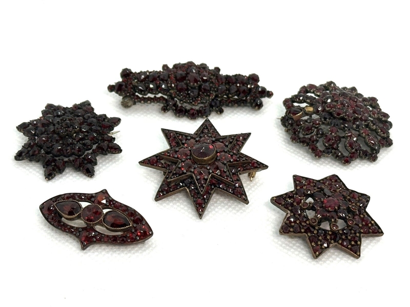 (6) Garnet Cluster Victorian Mourning Brooches