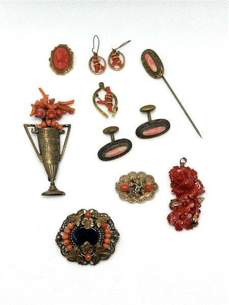 Group of Victorian Coral Jewelry Set in Gold Filled