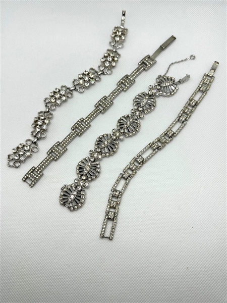 (4) Costume Rhinestone Silver Tone Bracelets