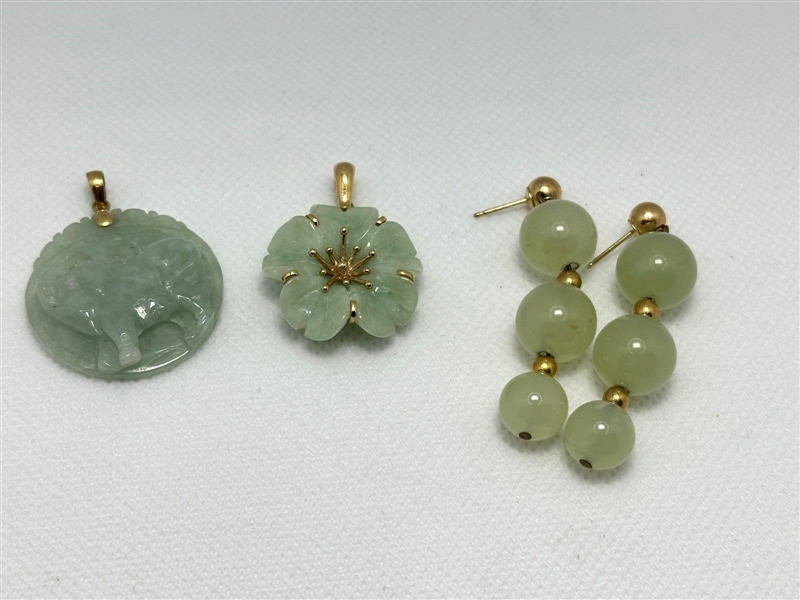 (2) Jade 14k Gold Pendants, (1) Jade 14k Gold Earrings