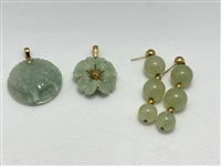 (2) Jade 14k Gold Pendants, (1) Jade 14k Gold Earrings