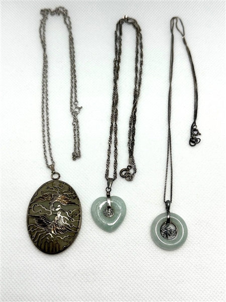 (3) Sterling Silver Necklaces With Jade Pendants 