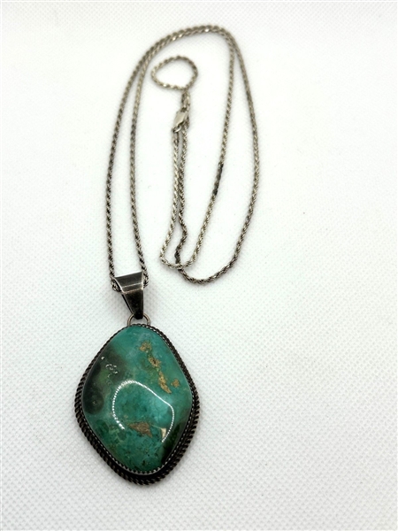 Sterling Silver Chain With Large Turquoise Pendant