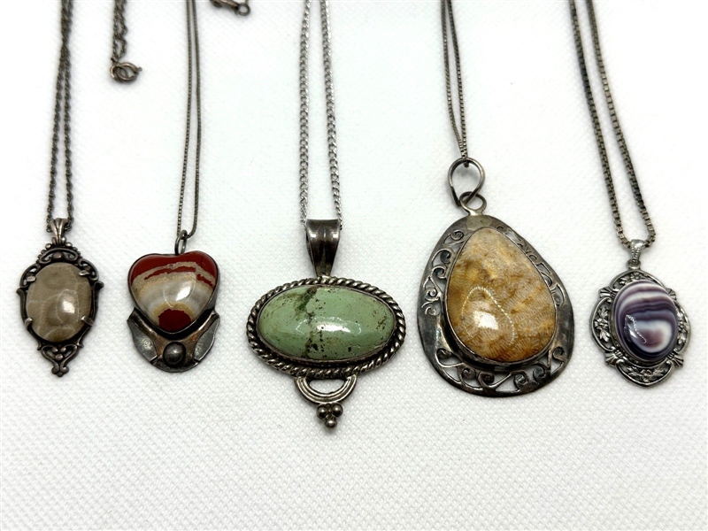 (4) Sterling Silver Necklaces With Sterling Set Agates