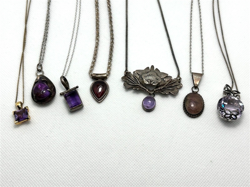 (7) Sterling Silver and Amethyst Pendant Necklaces