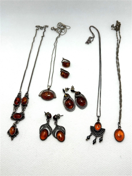 Group of Amber Sterling Silver Jewelry