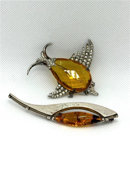 (2) Sterling Silver Figural Brooches With Amber Colored Stones