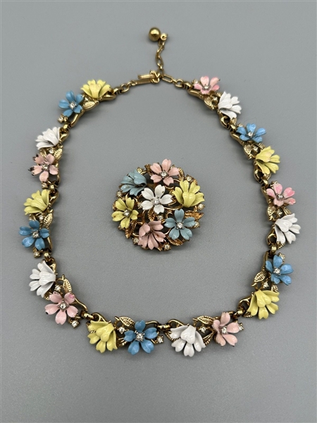 Crown Trifari Enameled Flower Choker and Brooch