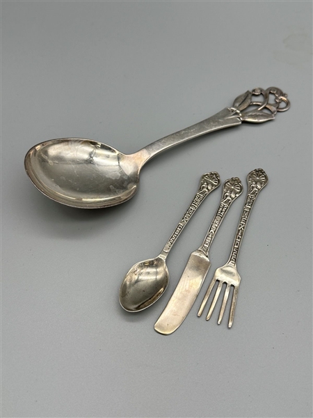 (3) .900 Silver Mexico Childs Set, .830 Serving Spoon