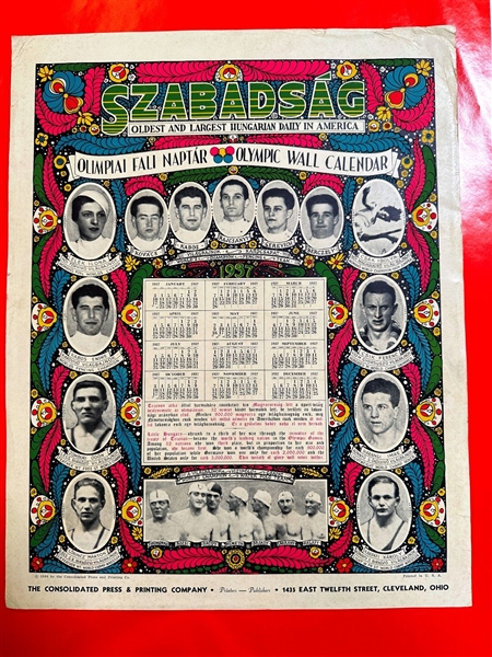 1937 Hungarian Olympic Wall Calendar Szabadsag