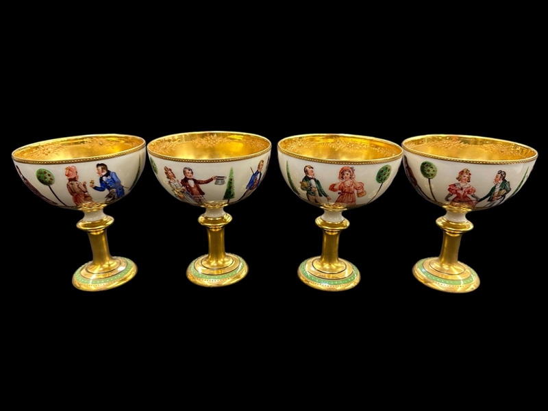 (4) Hand Painted Lamm Dresden Gold Wash Bowl Sherbet Cups