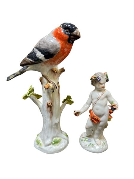 (2) Meissen Porcelain Figurines; Bird and Cherub