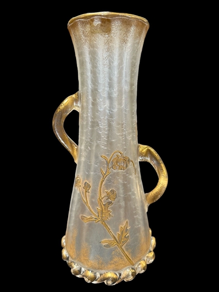 St. Denis Art Glass 2 Handle Acid Cut Vase