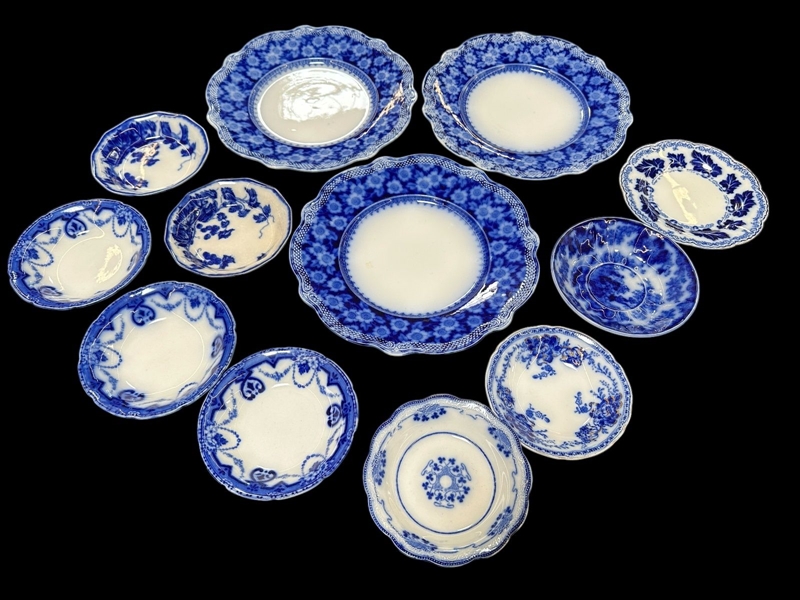 Group of Flow Blue Plates and Bowls