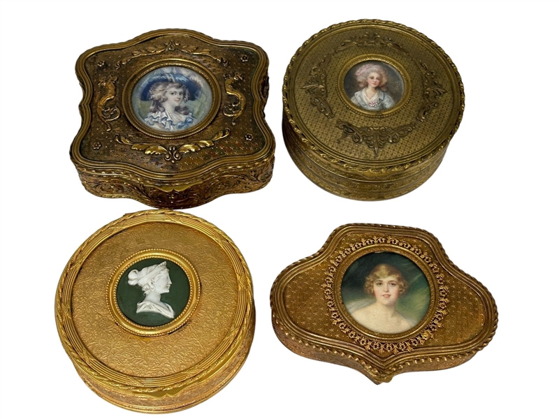 (4) Brass Ladies Dresser Boxes With Portraits