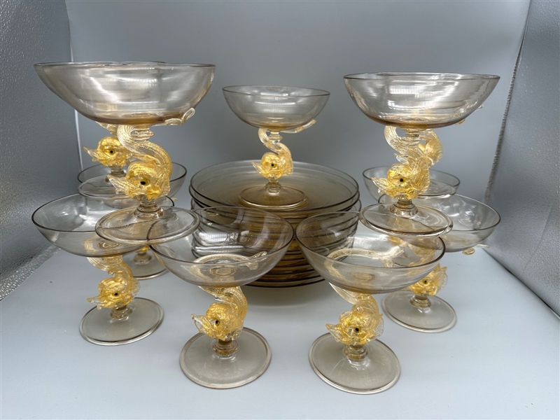 Murano Venetian Dolphin Compotes With Rare Hand Blown Under Plates