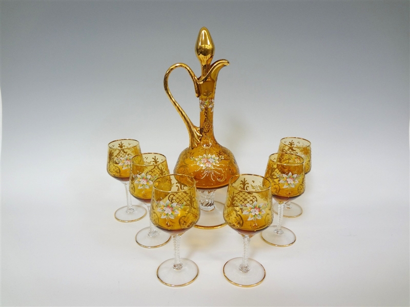 Lavorazione a Mano Italian Decanter and Amber Glass Set