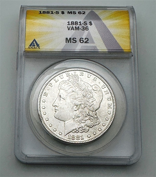 1881-S Morgan Silver Dollar Anacs MS 62 VAM-36