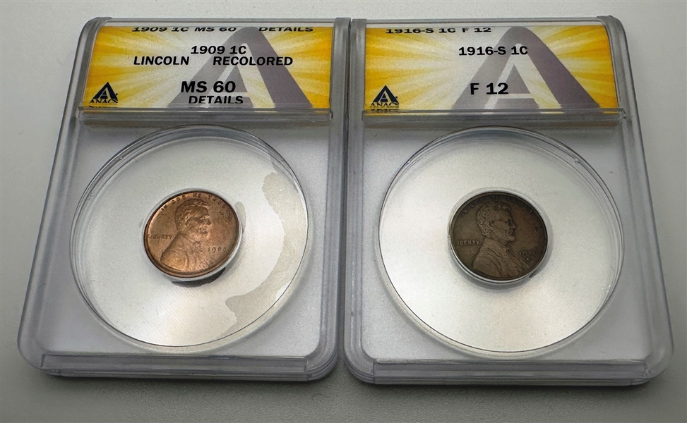 1909 1C Anacs MS 60 Details & 1916-S 1C Anacs F12