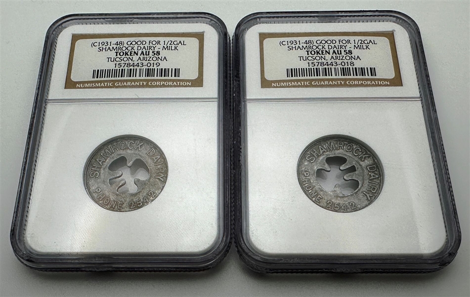 (2) (C 1931-48) Good For 1/2 Gal Shamrock Dairy - Milk Token NGC AU 58